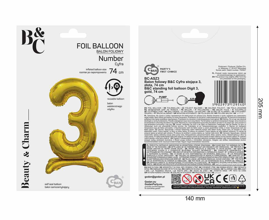 B&C standing foil balloon Digit 3, gold, 74 cm